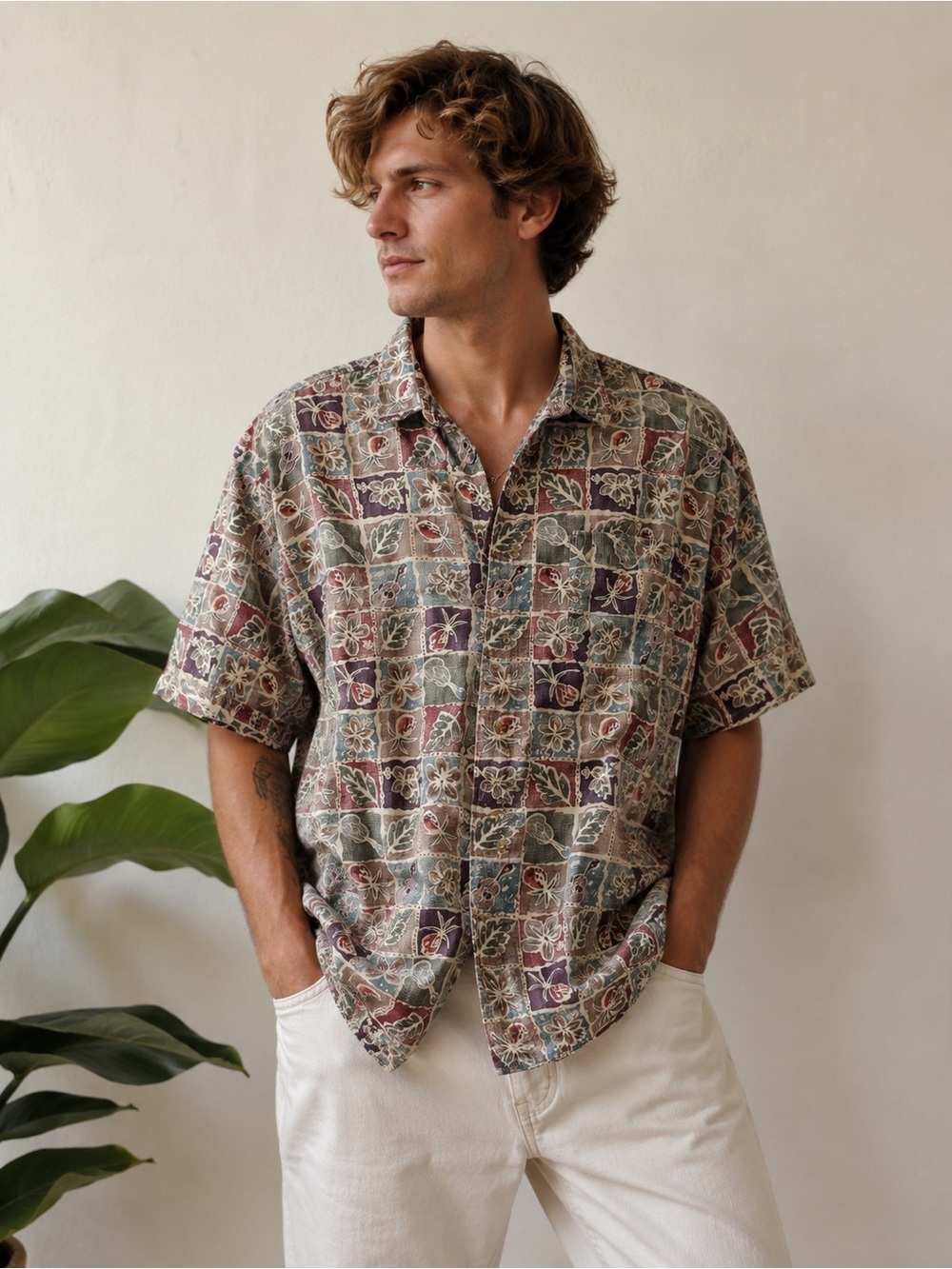 Vintage L.L.Bean Cool Weave Tropical Camp Shirt XL 100% Cotton Floral Patchwork